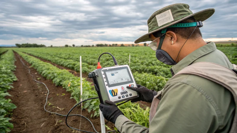 Researcher using portable soil sensor equipment in agricultural field with digital display